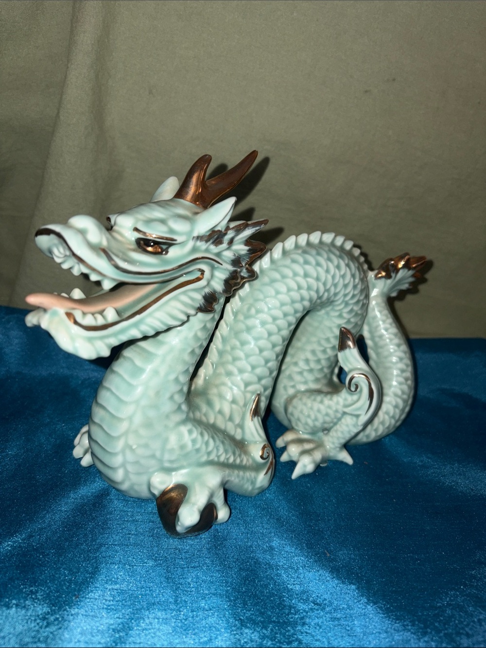Vintage SeaGreen Porcelain Double Horned Dragon with Gold Accents -